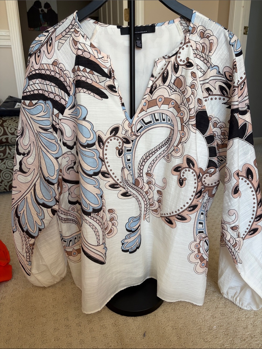 White House Black Market Cream Multi Paisley V-Neck Blouse